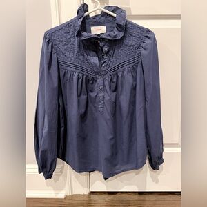 XiRENA Navy Larsen Blouse with Ruffled Collar